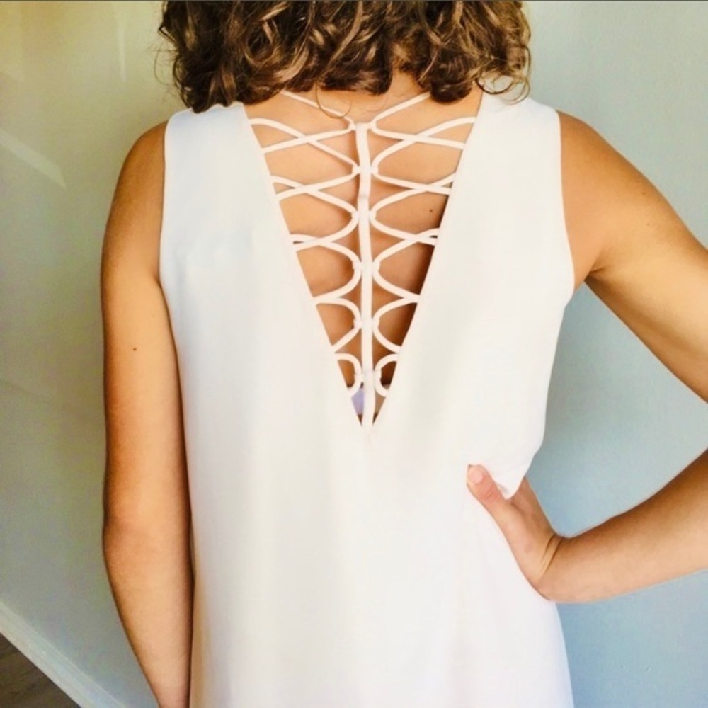 NWT Caged Back Slip Dress Tank Swing Mini Midi Openback Sleeveless Neutral Cream - Picture 3 of 9
